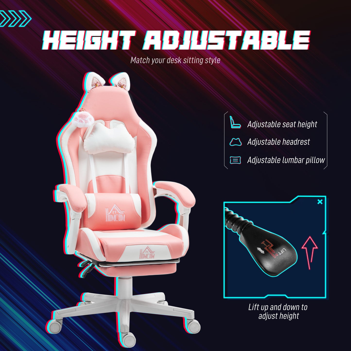 Pink racer chair with adjustable height base, cat-ear headrest, plush lumbar pillow detail.