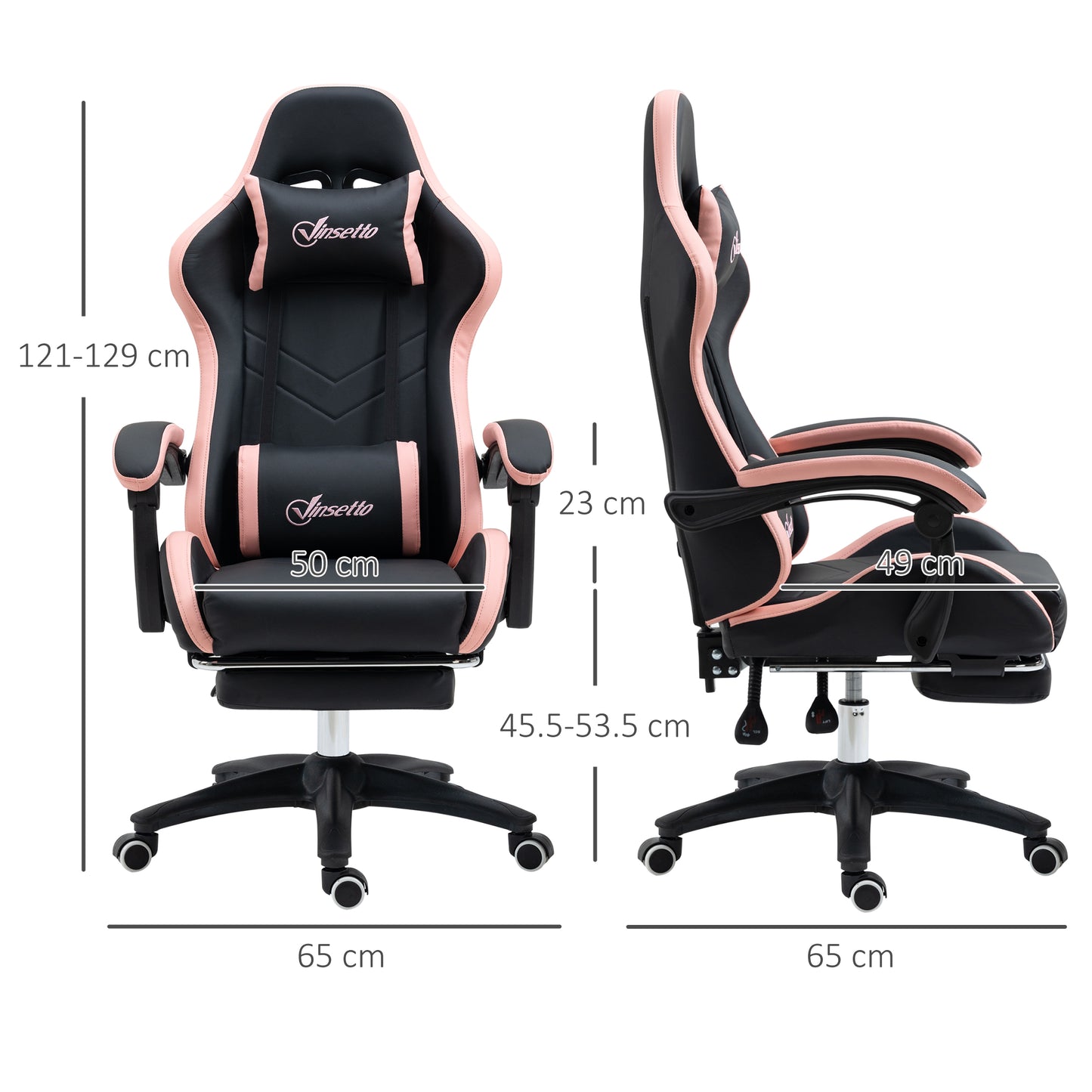 Black and pink gaming chair with footrest, padded seat, and height-adjust base