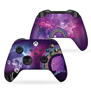 Purple Xbox controller with galaxy print and panther face artwork, rear view thumbsticks shown
