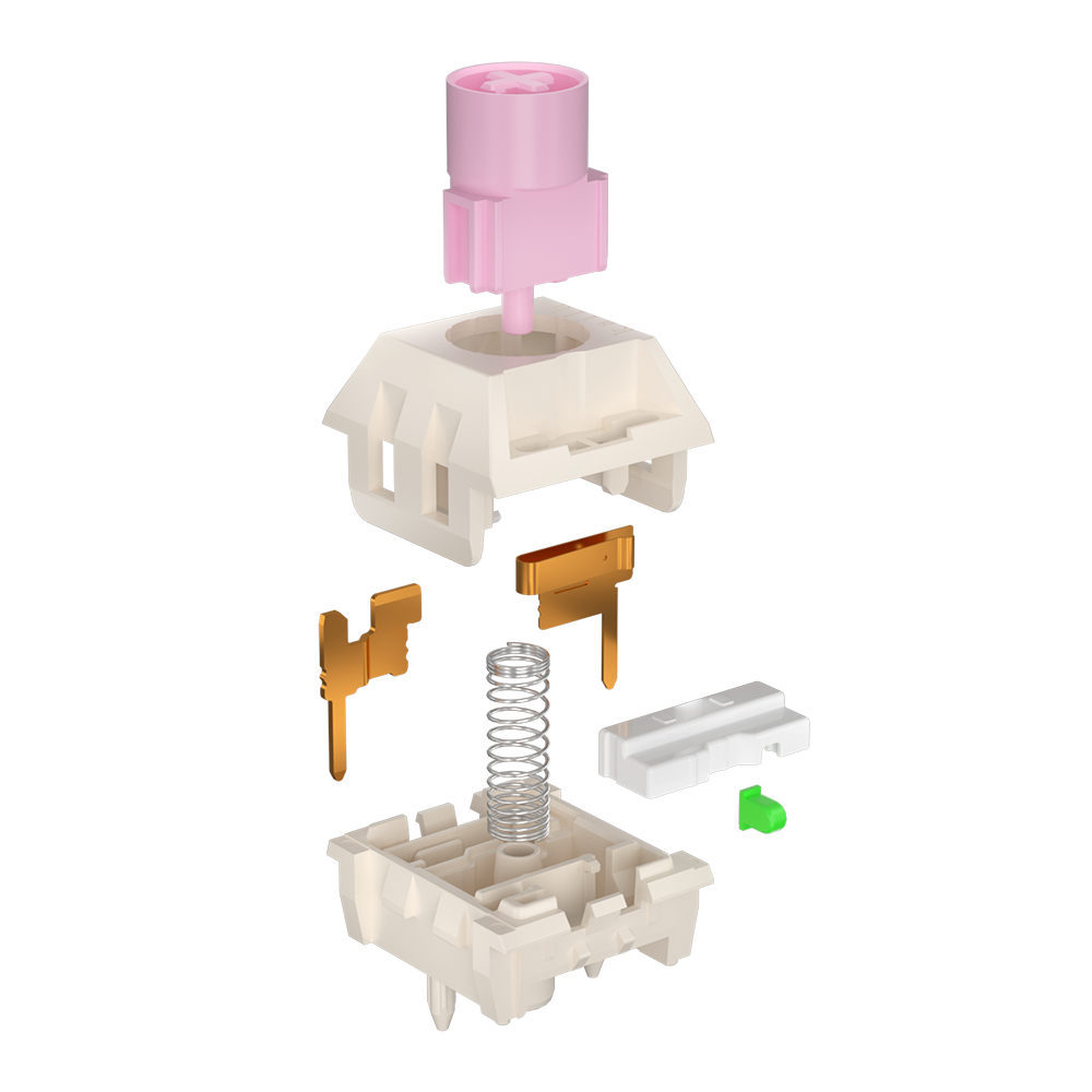 Kailh box mechanical switch exploded view: pink stem, spring, gold contacts