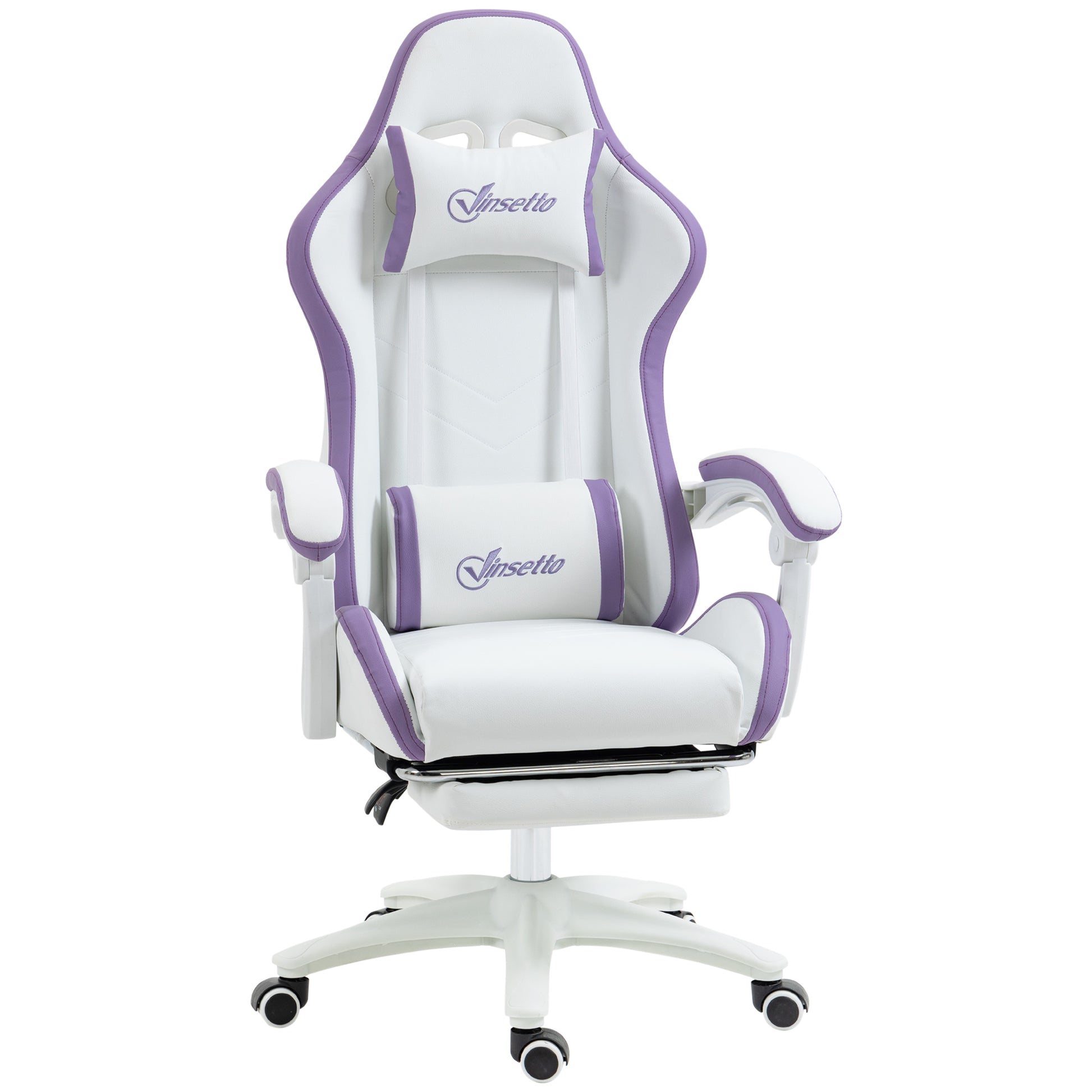 Vinsetto gaming chair with white seat and purple trim, reclining headrest and armrests