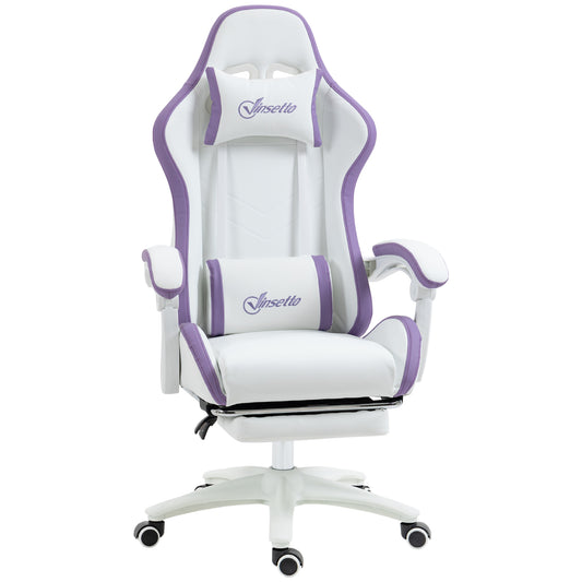 Vinsetto gaming chair with white seat and purple trim, reclining headrest and armrests