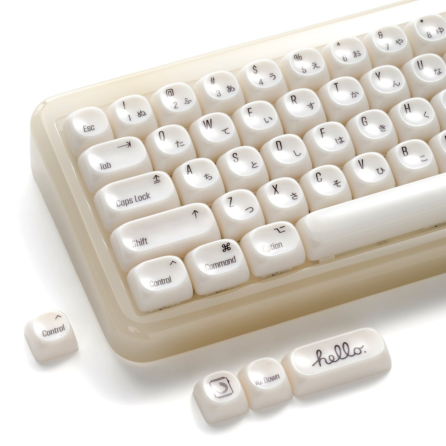 Translucent white MOA profile keycap set with Japanese legends, 139-key layout