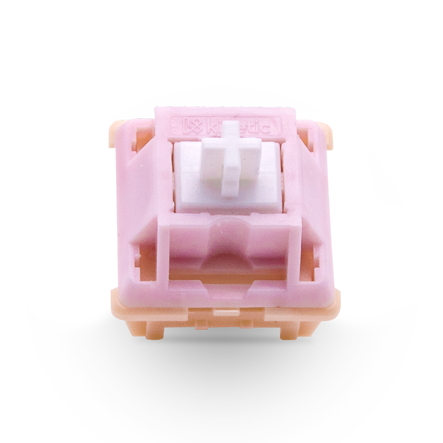 Kinetic tactile switch viewed from front, pink housing and white cross stem