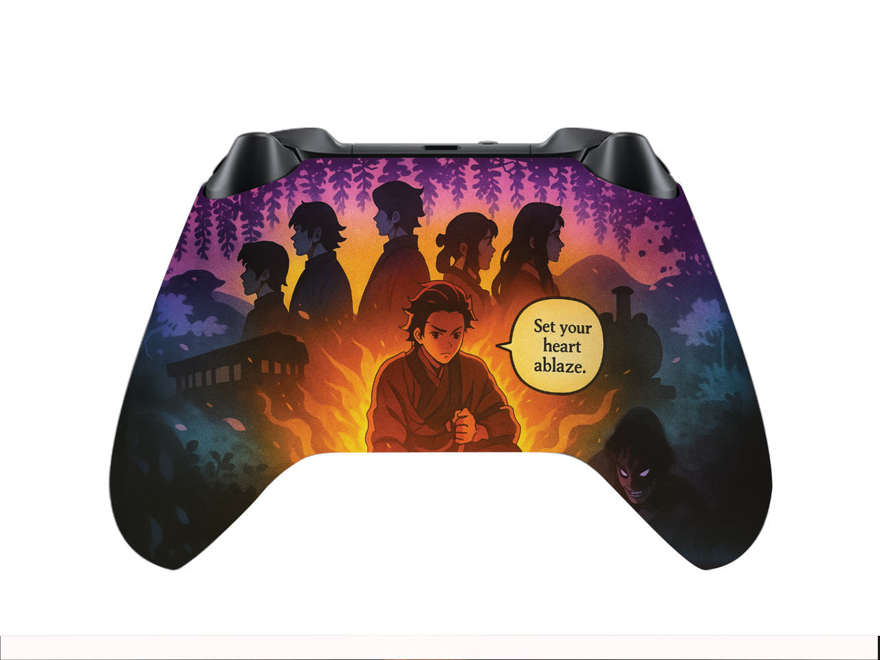 Xbox Series X/S controller with purple rear graphic, orange silhouette scene and slogan