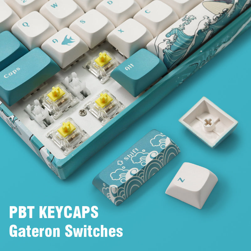 Close-up of PBT keycaps and yellow Gateron-style switches on a teal keyboard plate