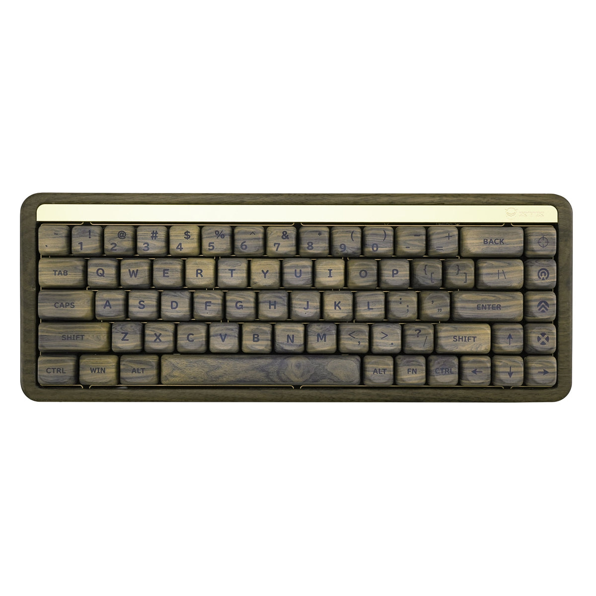 Compact keyboard with wood-grain MOA keycaps and printed alphanumeric and function legends