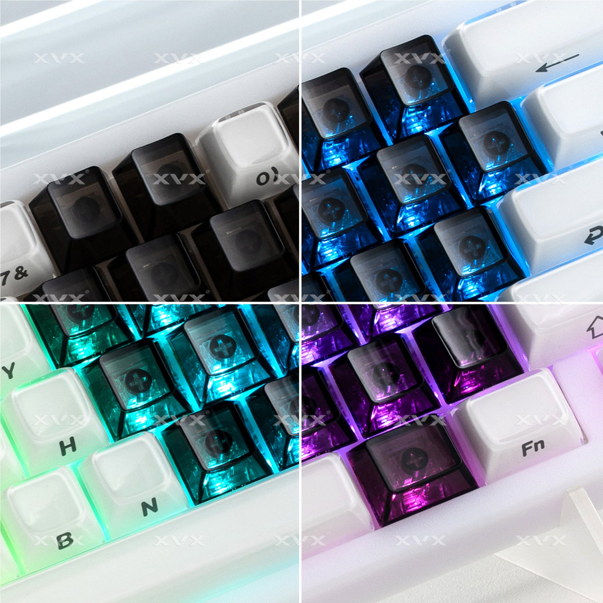 Black and white keycaps with multicolor translucent heart profiles