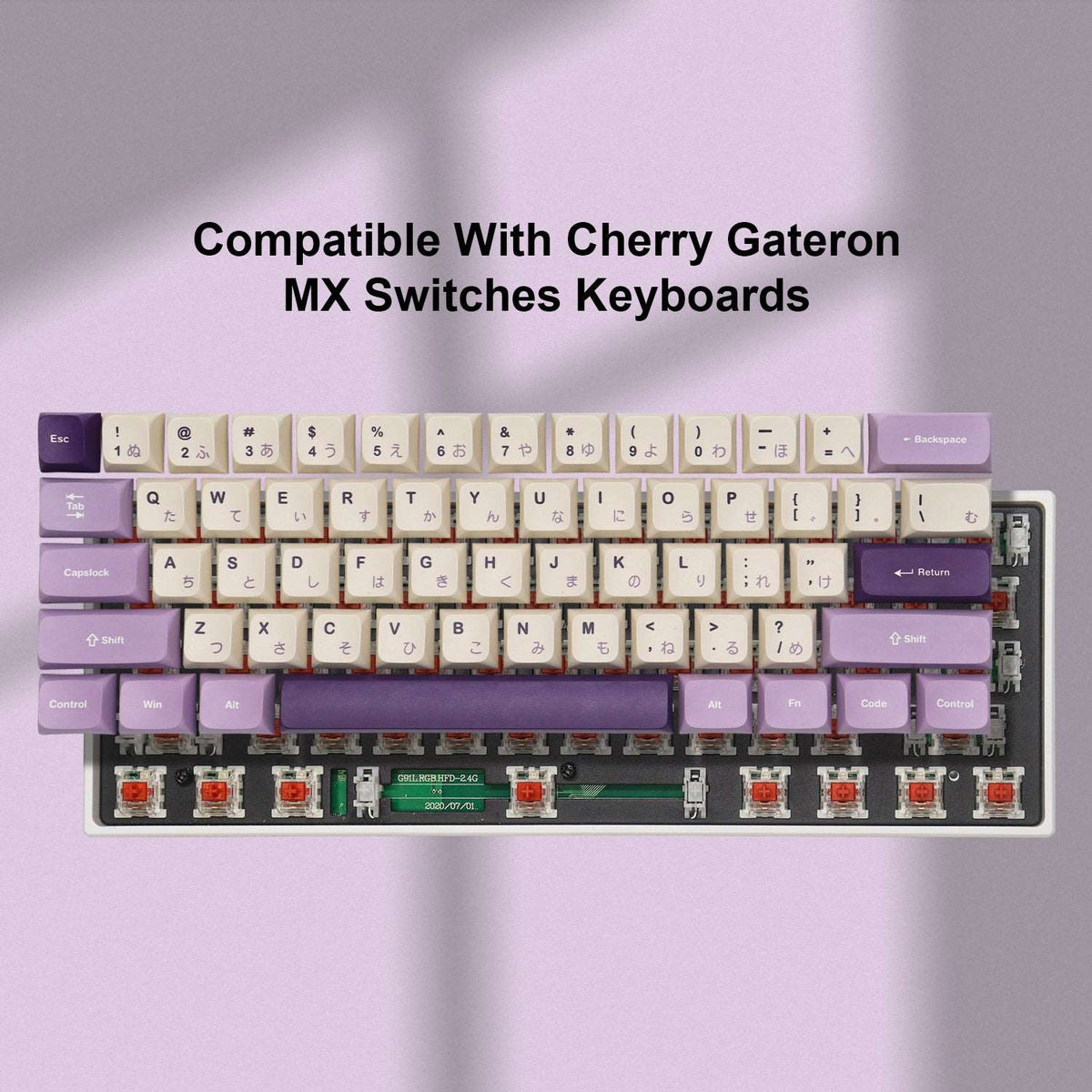 Lavender purple and cream keycaps installed on a keyboard, 123-key PBT set