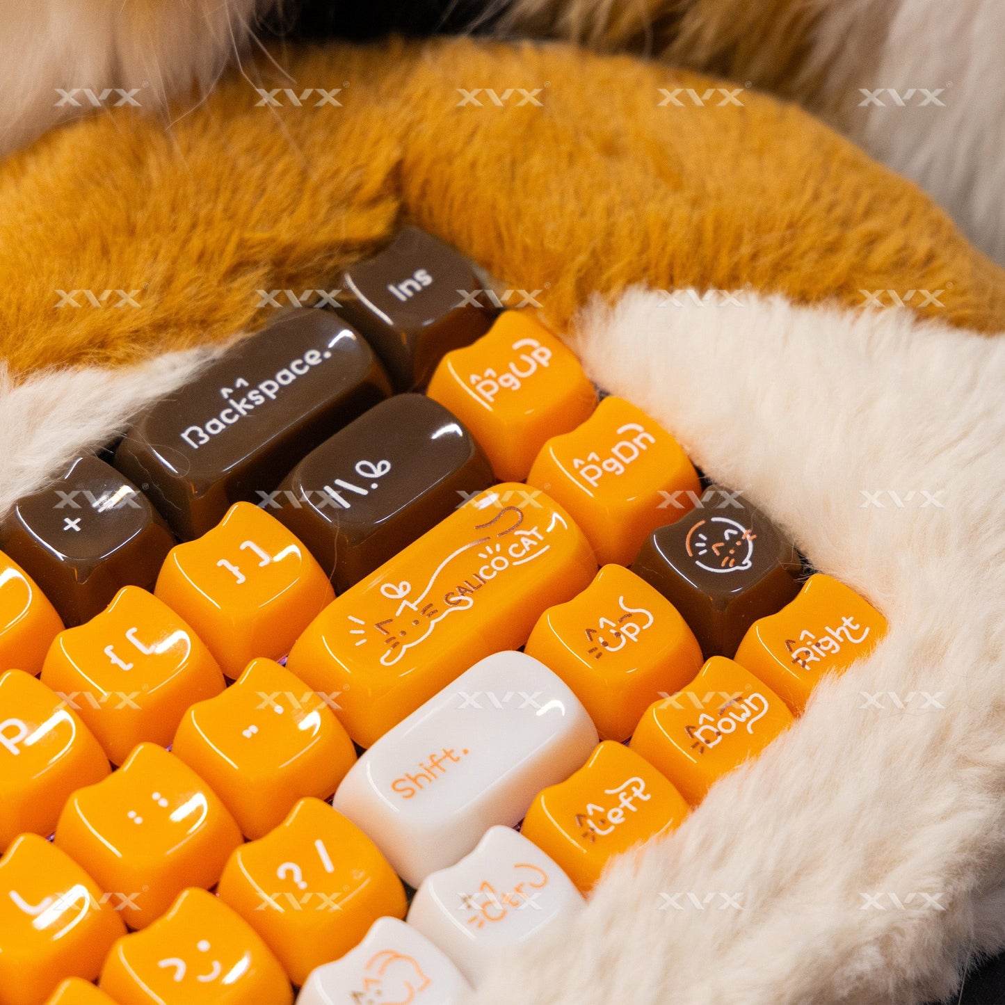 Close-up of orange and white cat-themed keycaps with printed legends on a fur surface