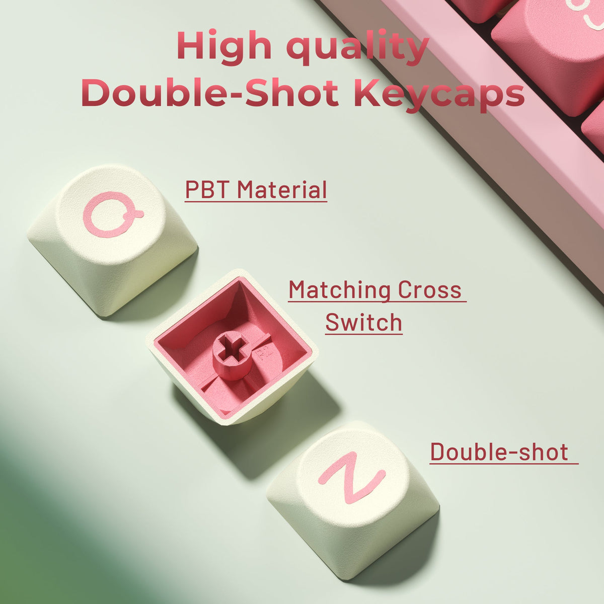 Close-up keycaps with cross-switch stem detail; pastel green and pink double-shot style