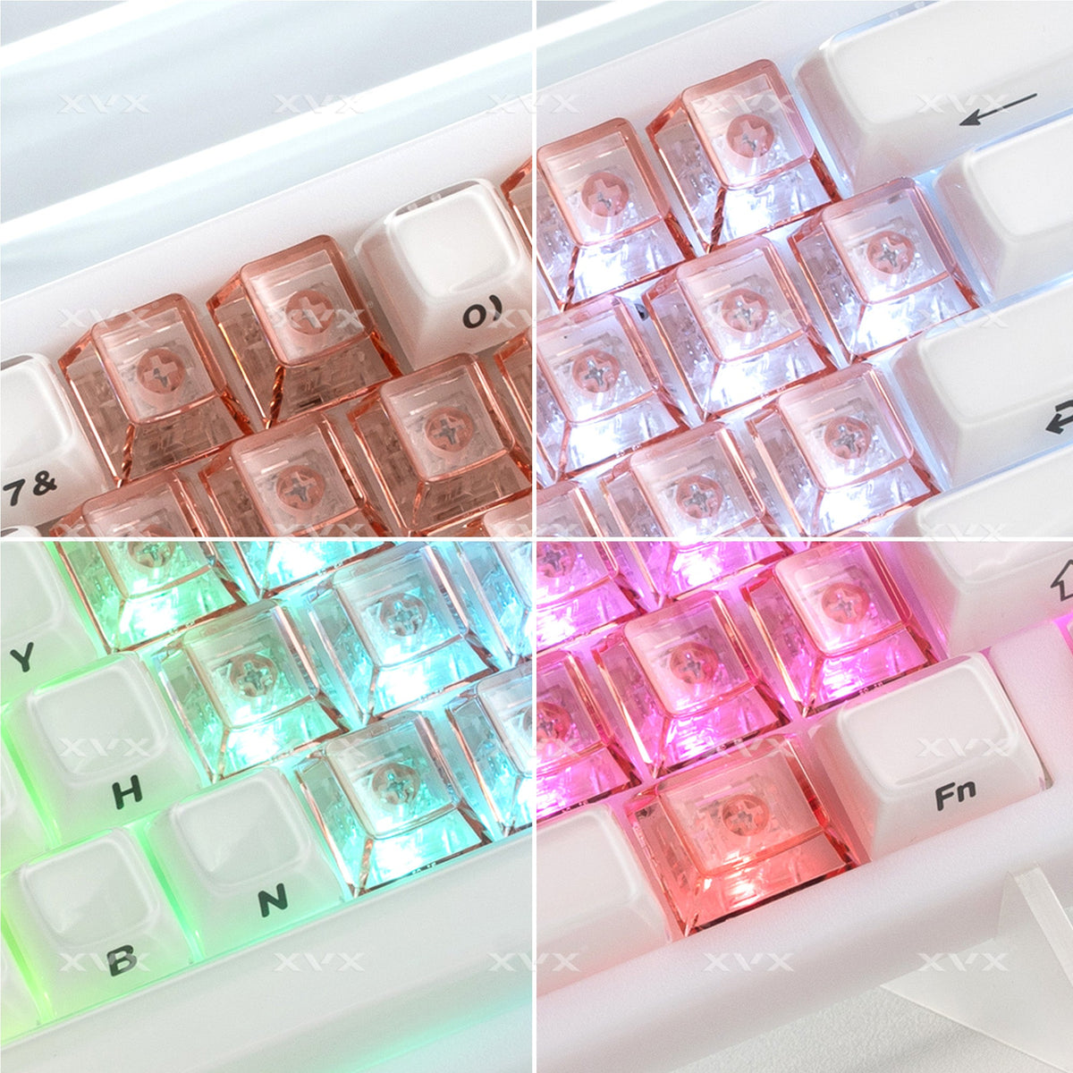 Translucent peach and ice-blue keycap set with heart profiles and glowing accents