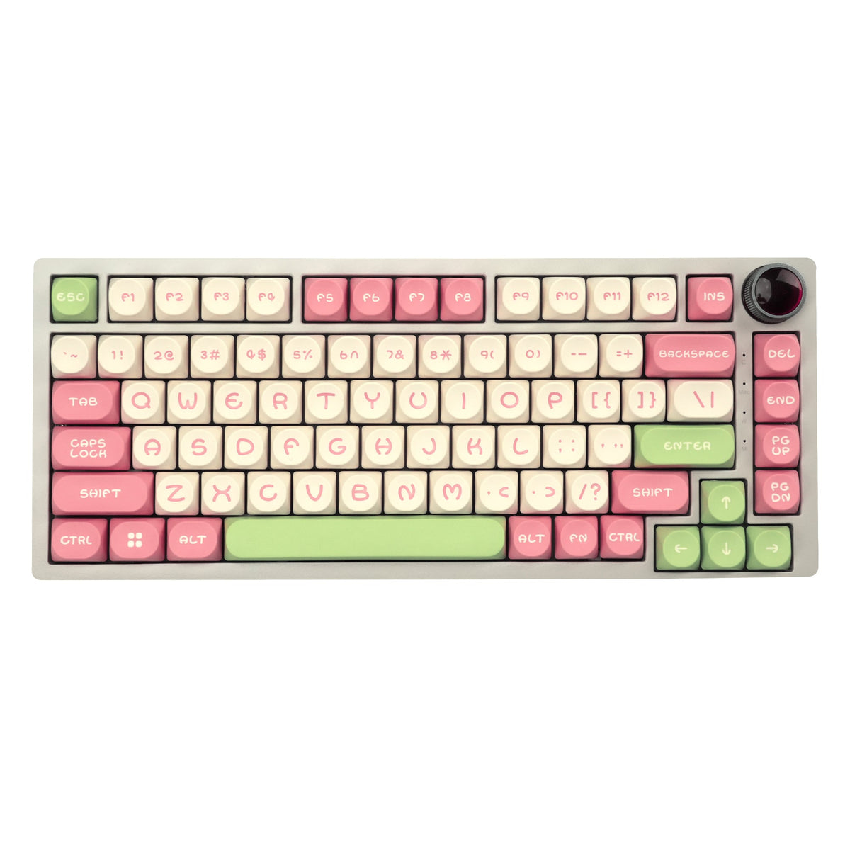 Cream and pastel keycap set with pink and green keys, compact layout with power knob