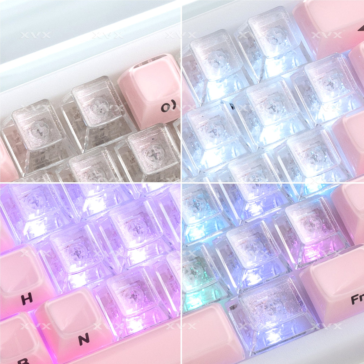 Translucent pink, lavender, and blue keycap set with heart profiles