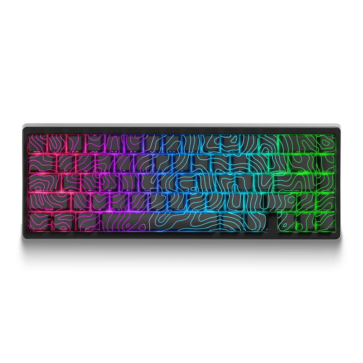 Mechanical keyboard with dark case and RGB backlit keys in neon circuit pattern