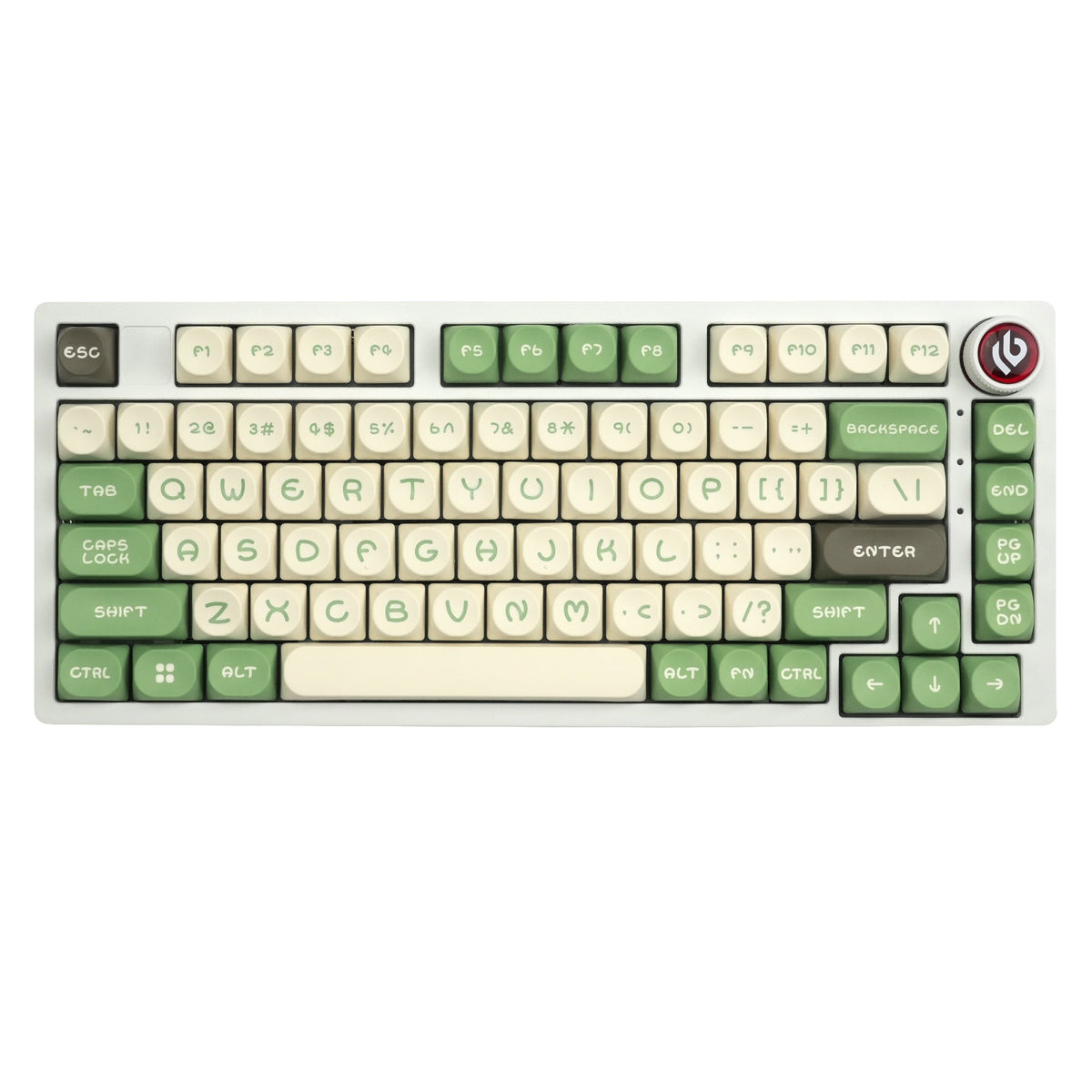 Cream keycap set with green modifiers and dark legends, rectangular key layout