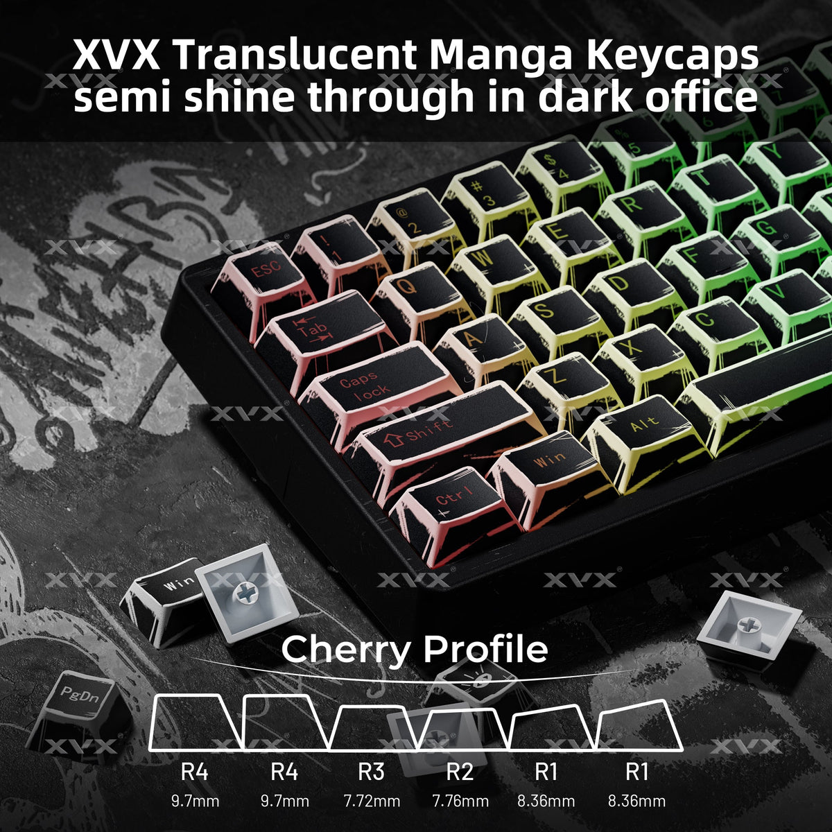 Translucent manga keycap set with black cherry-profile keys and green backlit legends