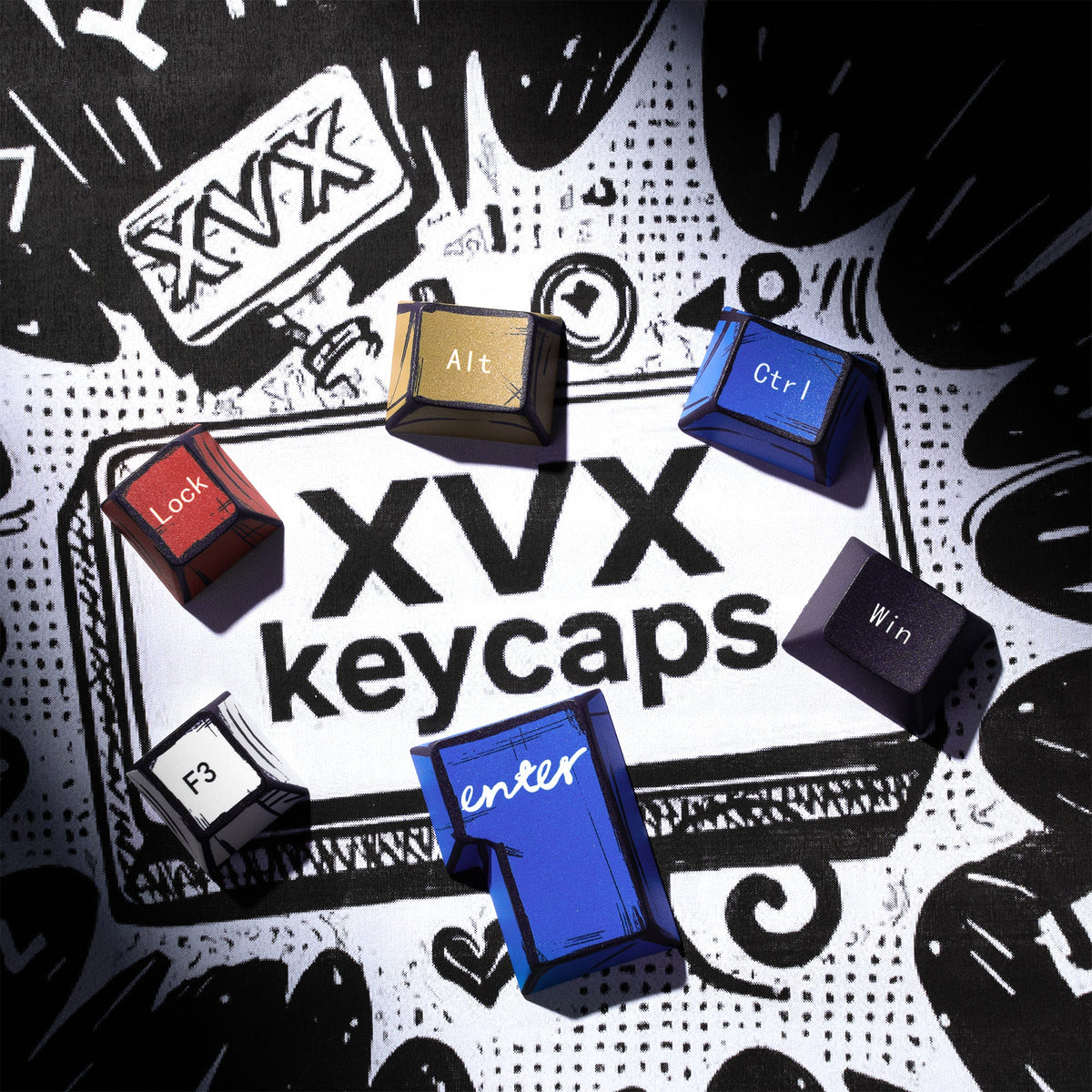 XVX keycap set with black and blue cherry-profile keys on a comic-style surface