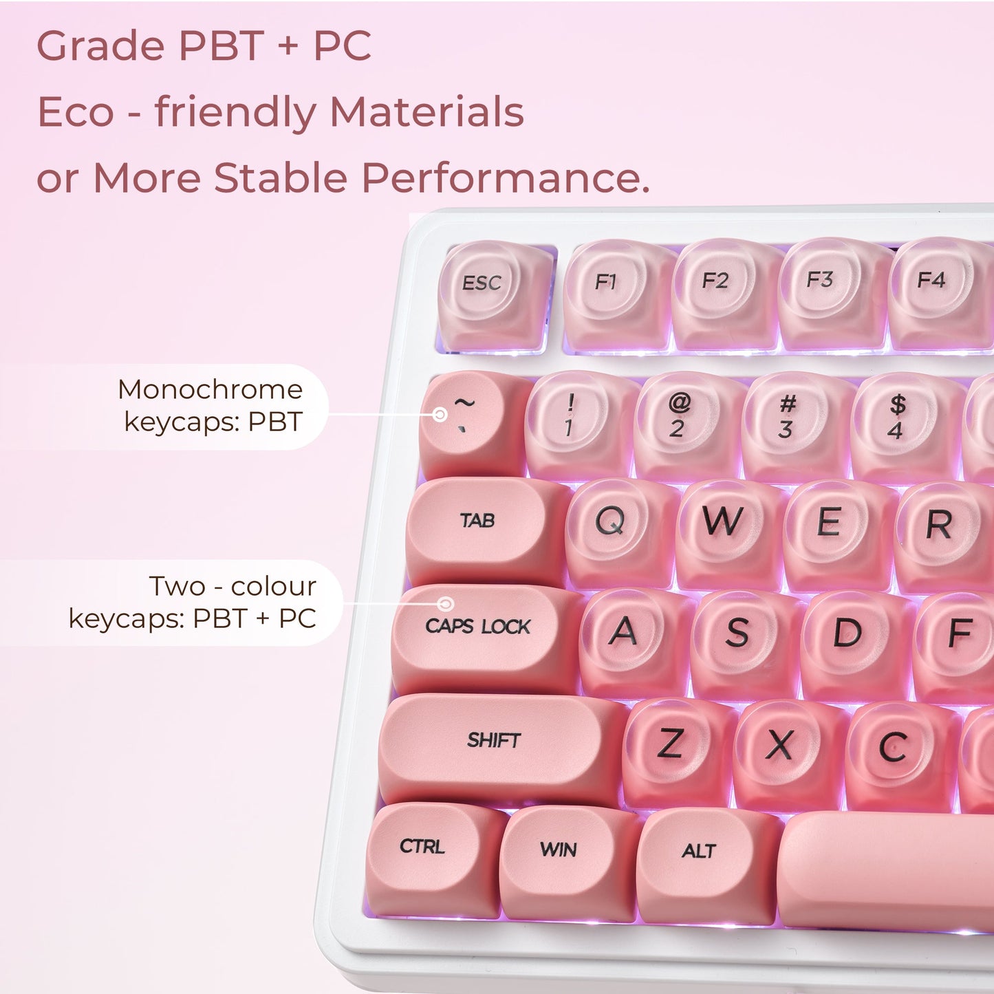 Open clear tray of blush pink keycaps with row legends and several function keys visible