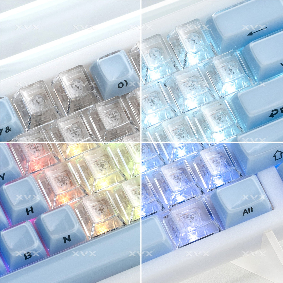 Translucent blue and clear keycap set with heart profiles and printed legends