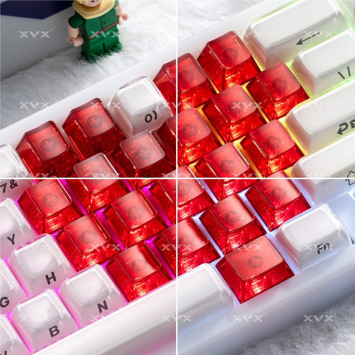 Red translucent keycaps with heart logo and letter legends, close-up on keyboard
