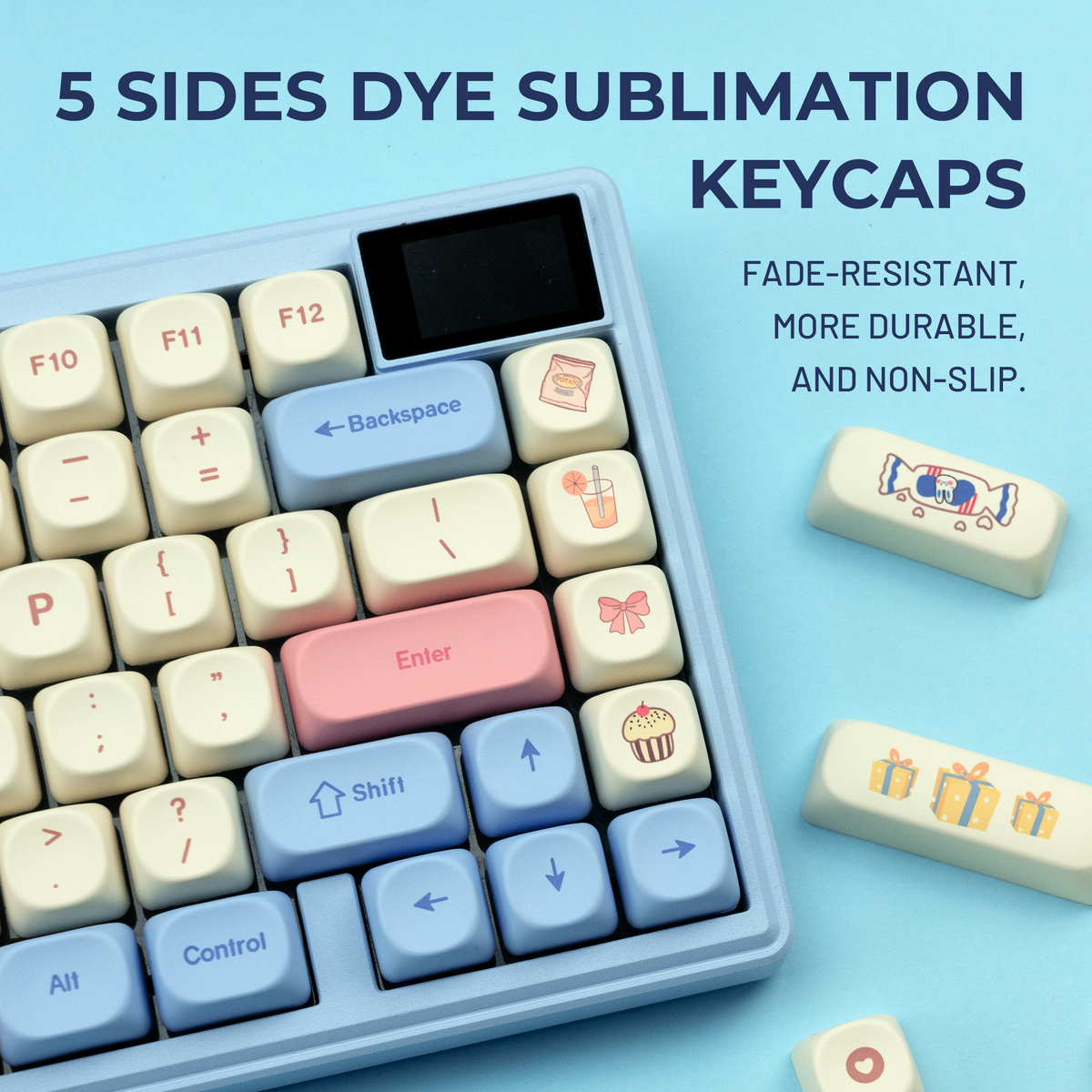 Pastel cream keycaps with blue modifiers and pink Enter key with cute icons