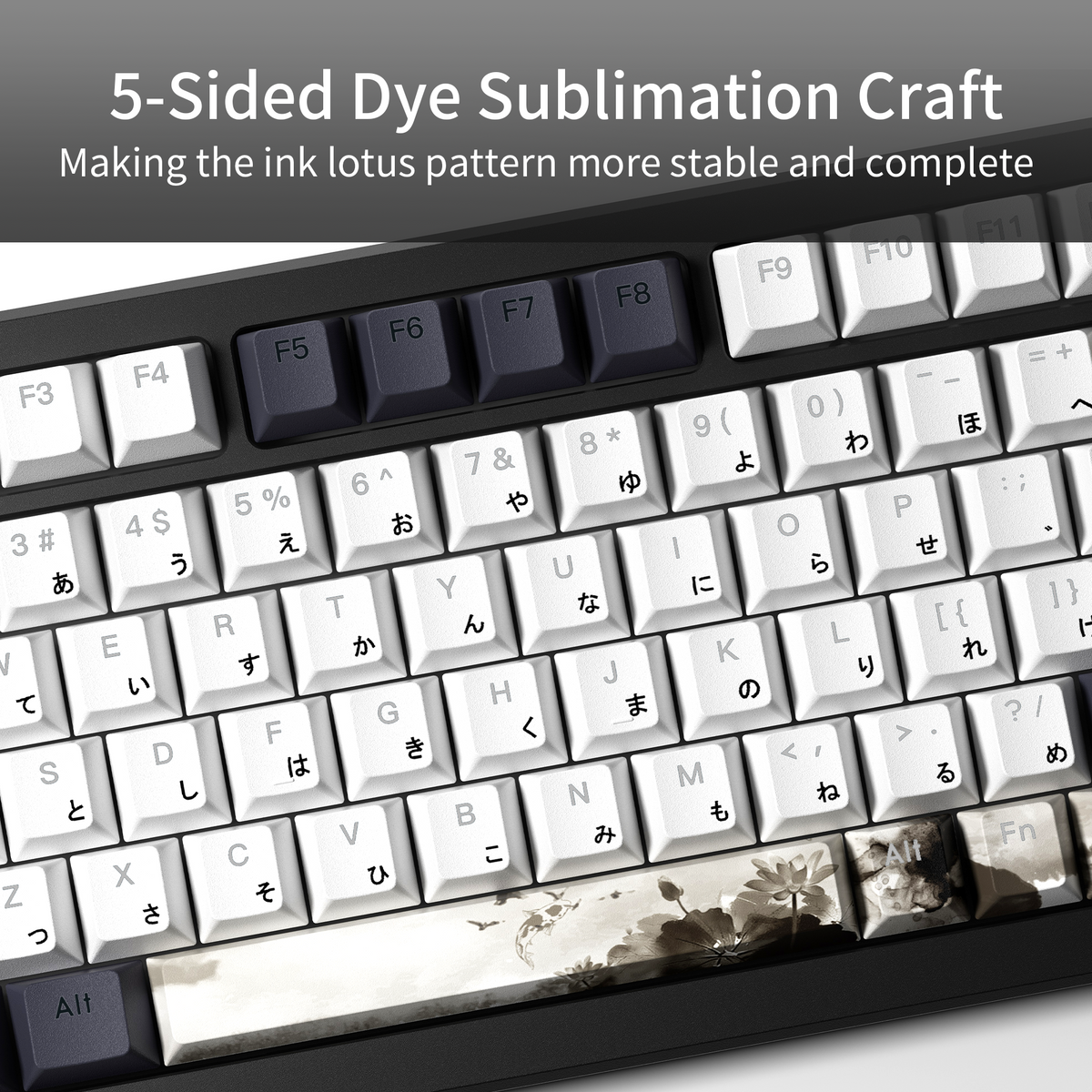 Close-up cherry profile keycaps with white and dark keys and lotus-pattern dye-sublimation
