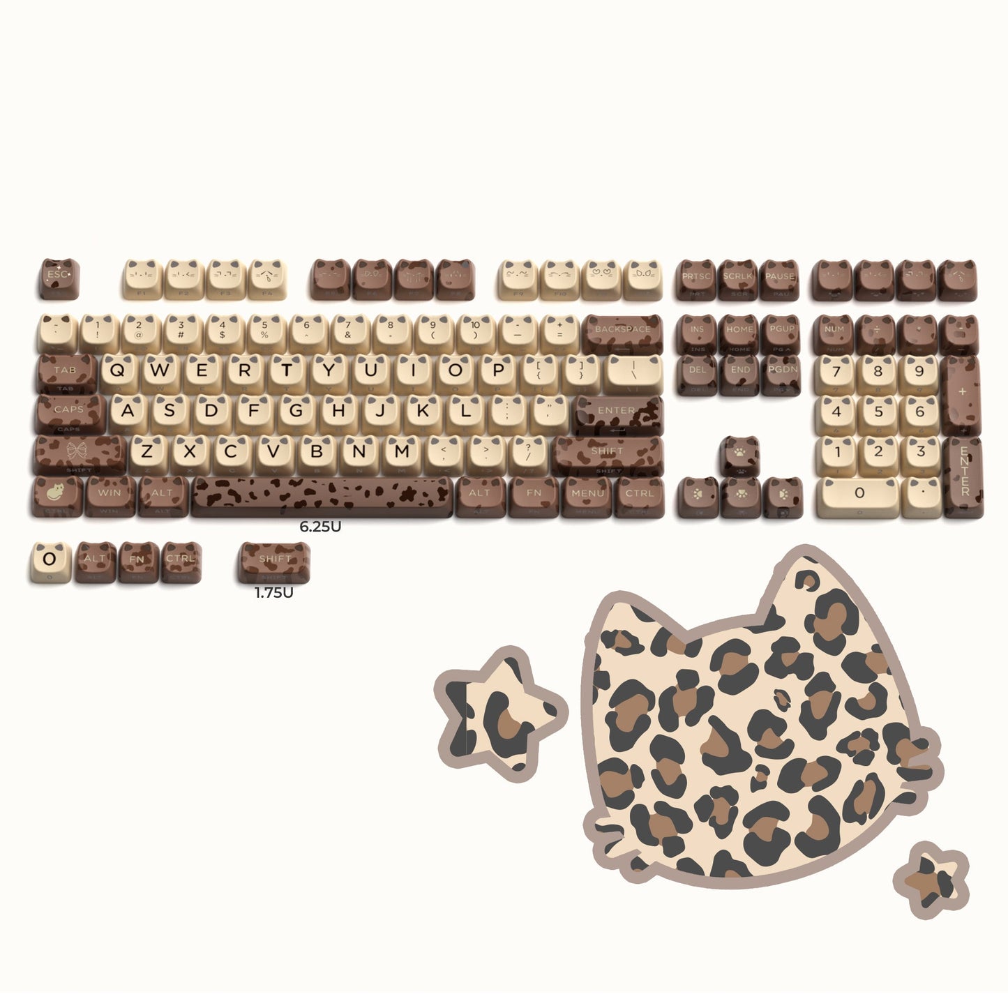 Cocoa and cream keycap set with leopard-pattern accent stickers and sculpted keys