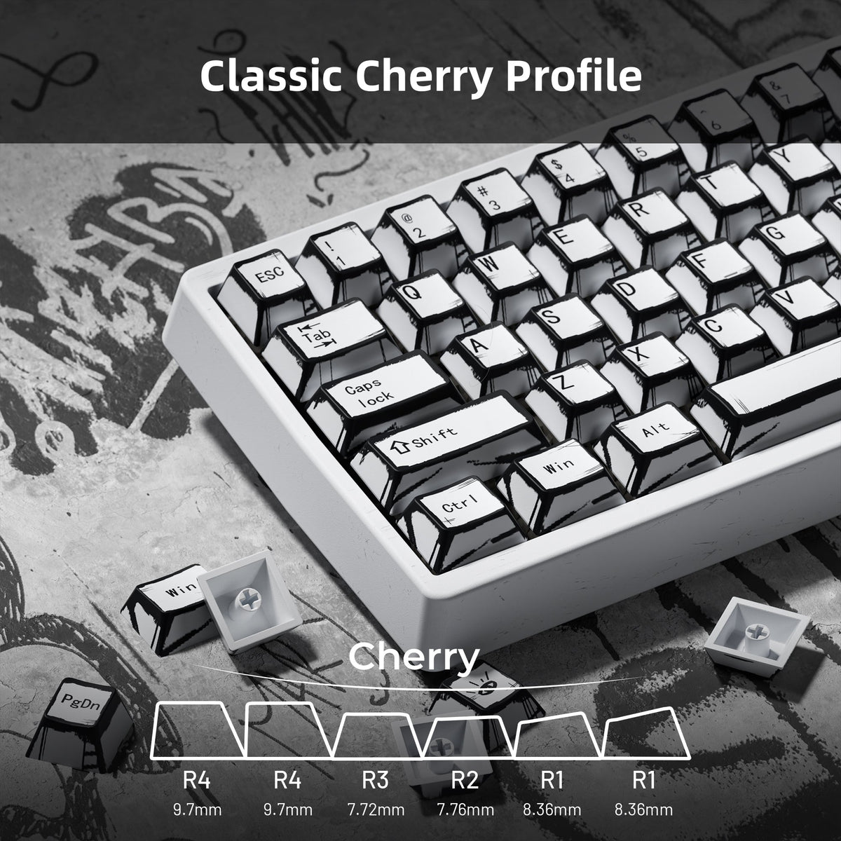 Classic Cherry-profile PBT keycaps with white keycaps and dark legends