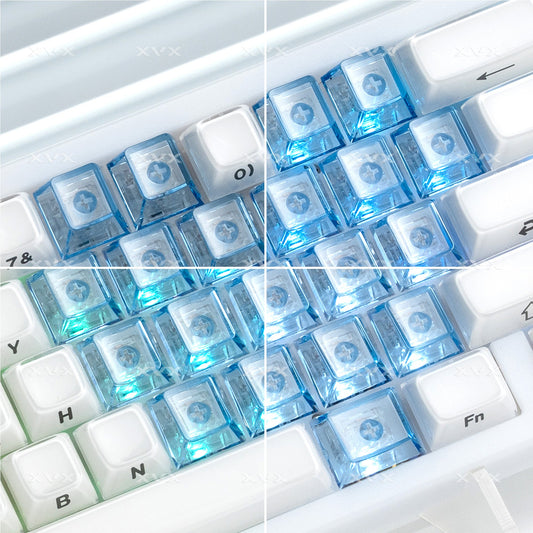 Blue translucent keycaps with heart logo in a keyboard close-up