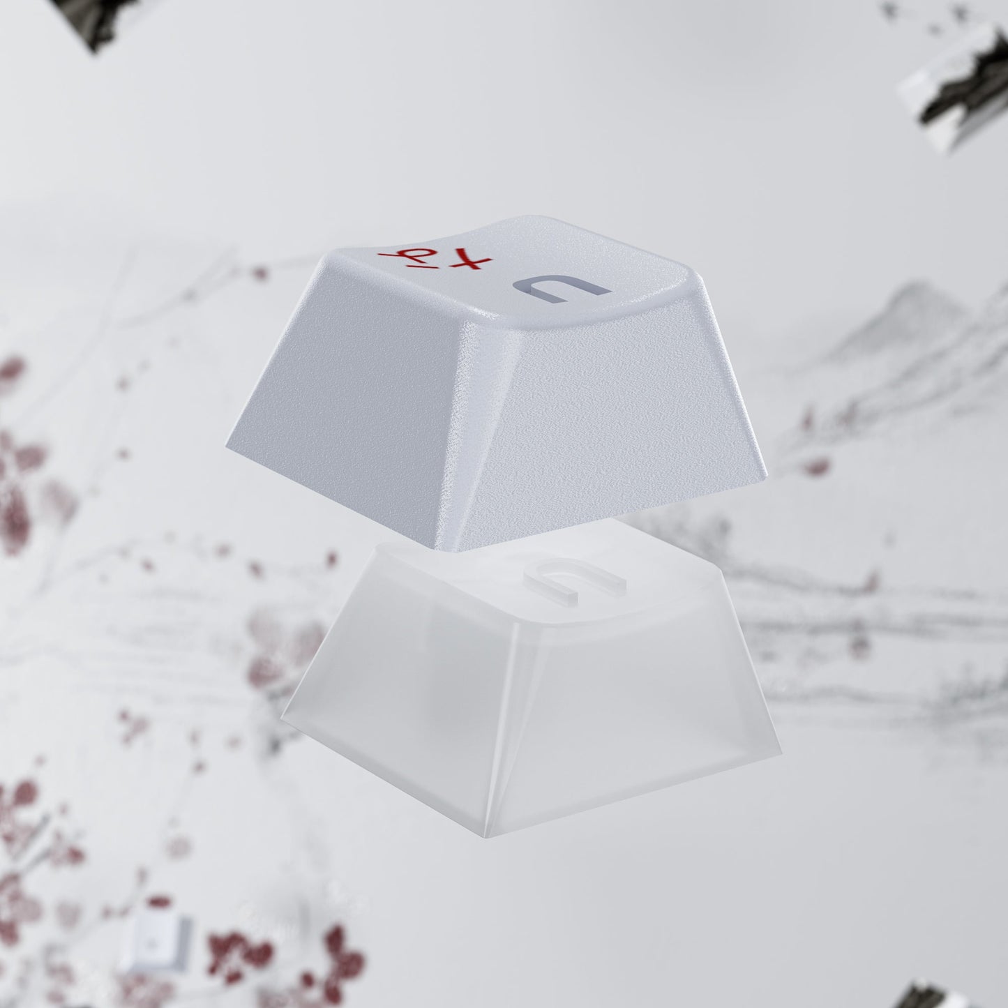 White keycap close-up with red character print, two keys stacked