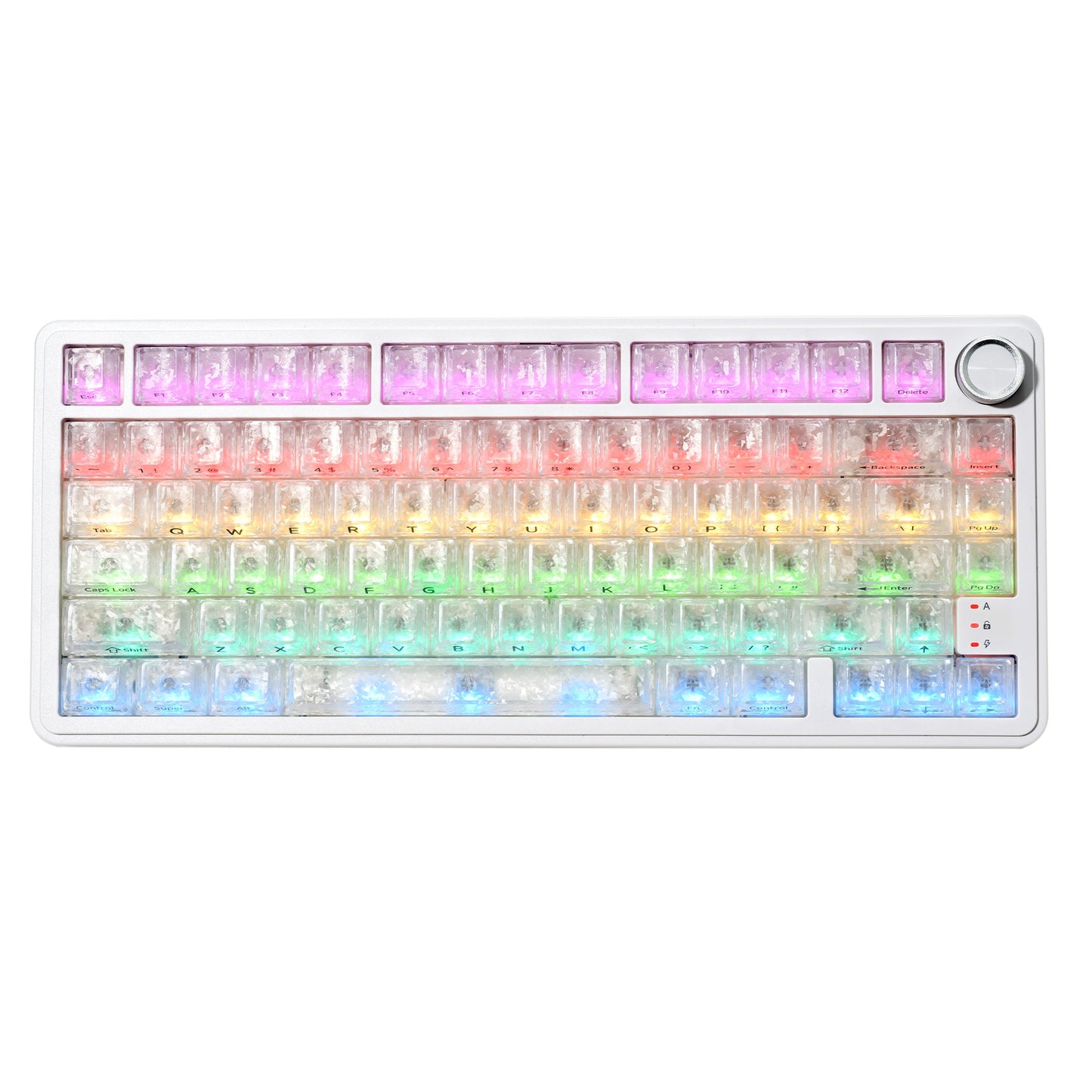 Mechanical keyboard with RGB backlit keycaps and rotary knob, arrow keys visible