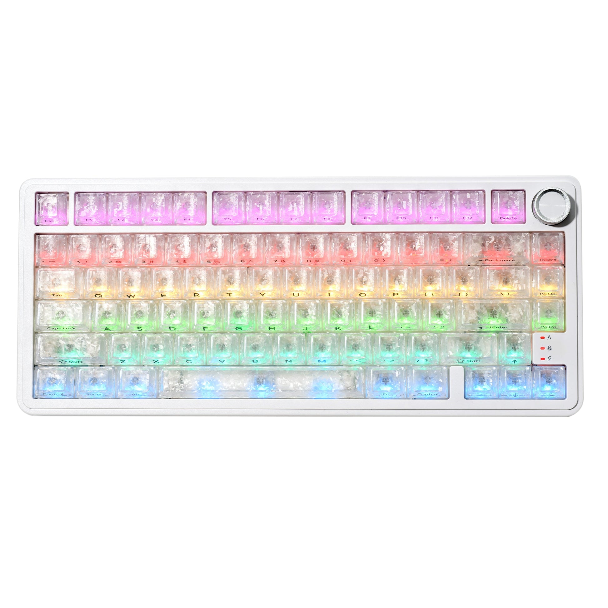 Mechanical keyboard with RGB backlit keycaps and rotary knob, arrow keys visible