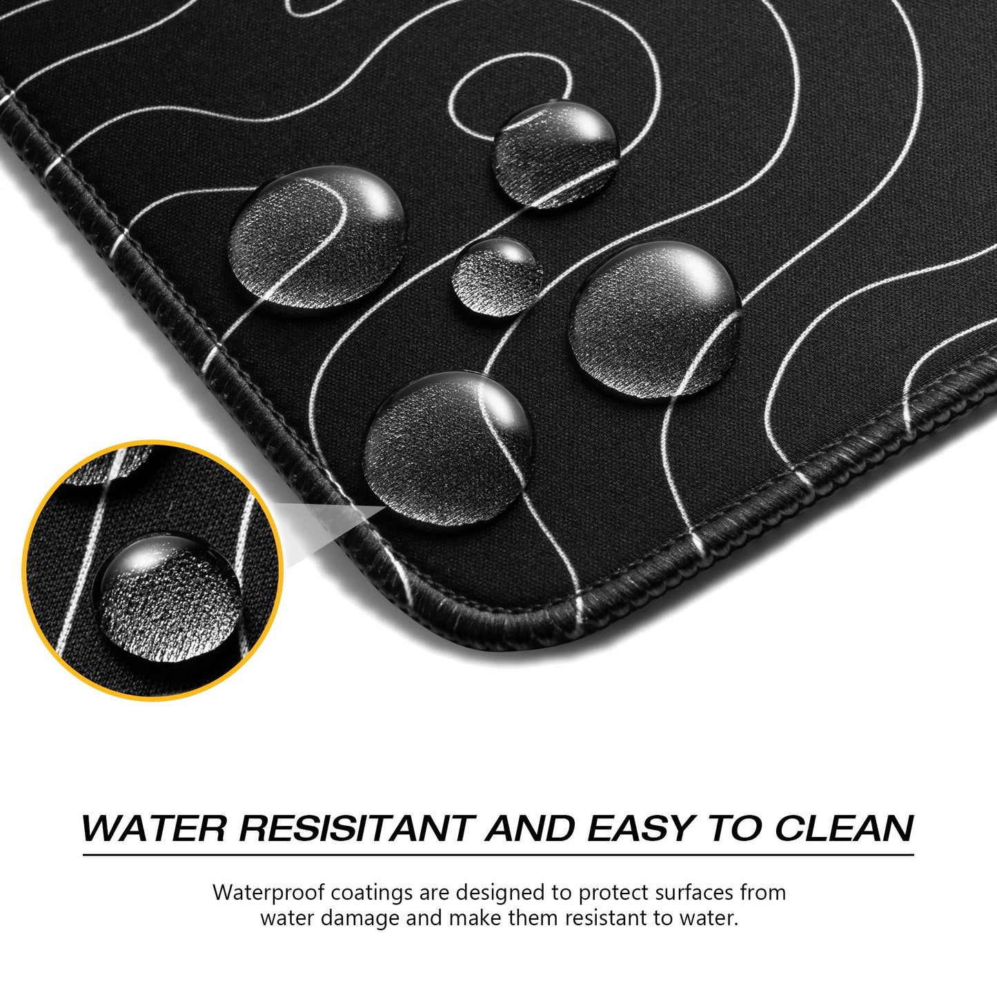 Black desk mat surface with raised pebble texture and smooth wave lines.