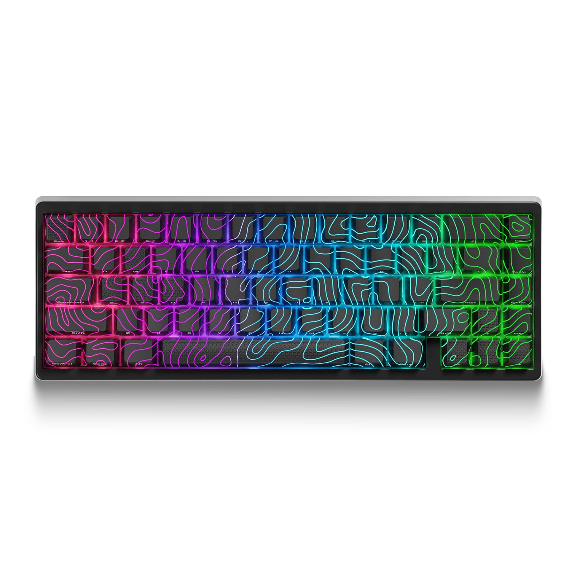 Black mechanical keyboard with transparent keycaps and multicolor circuit-style RGB backlight