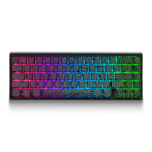 Black mechanical keyboard with transparent keycaps and multicolor circuit-style RGB backlight