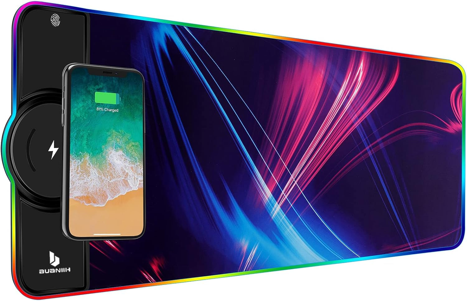 Black gaming mouse pad with wireless charging stand and RGB light trim