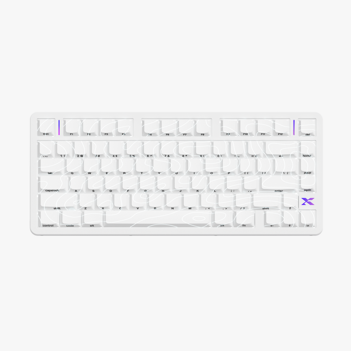 Low-profile mechanical keyboard with white keycaps and subtle purple accent lighting