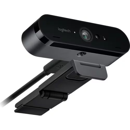 4K webcam with clip mount and attached cable, front lens and ports visible