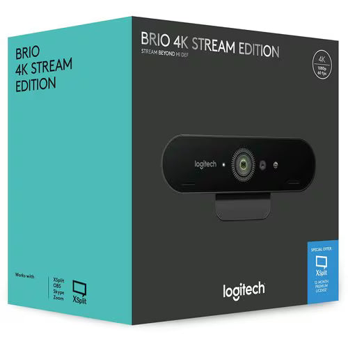 BRIO 4K Stream Edition retail box with Logitech webcam pictured