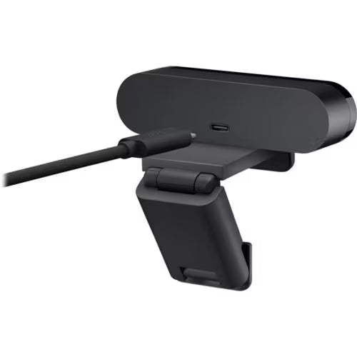 4K webcam with USB port and cable, angled view of black housing and mount