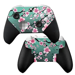 Black Xbox Elite Core controller with teal cherry blossom hydro-dip skin, front side view