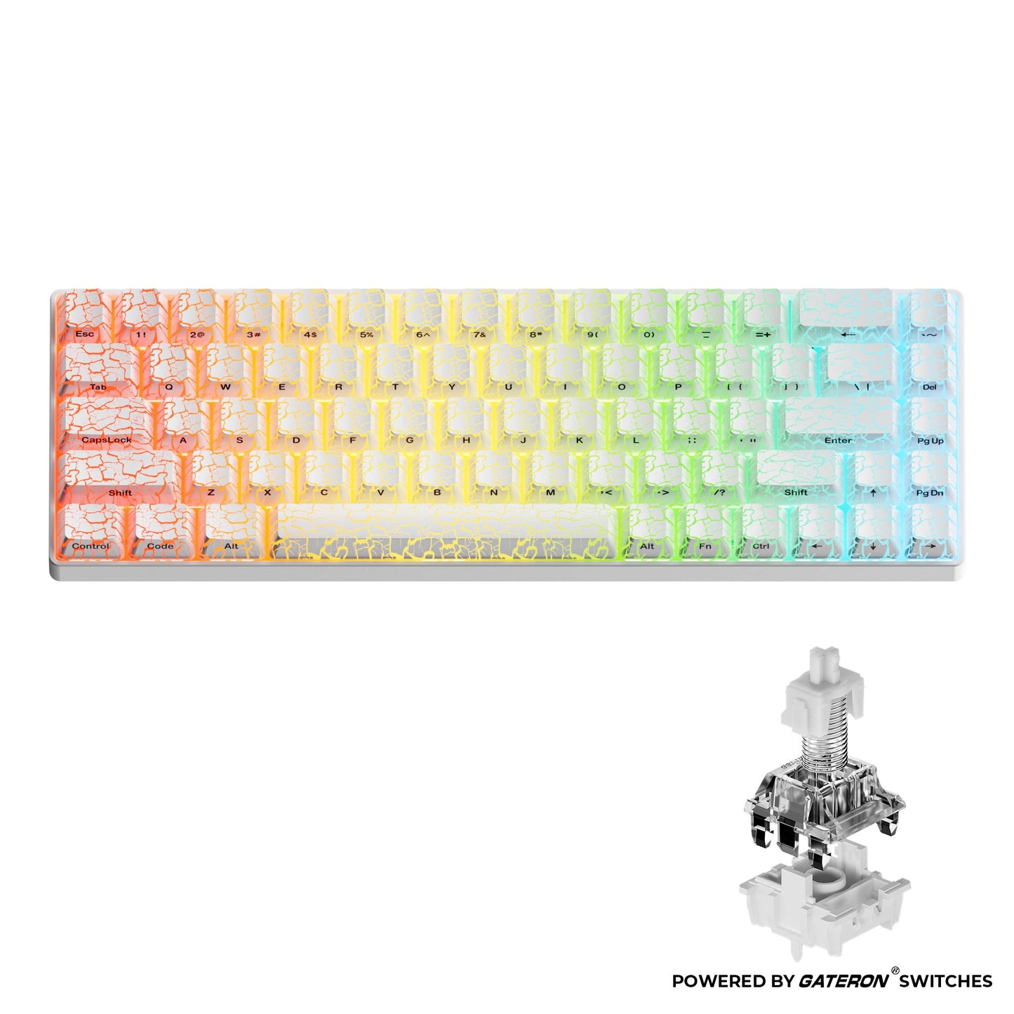 Gaming keyboard with warm-to-cool gradient topographic keycaps and clear white magnetic switch