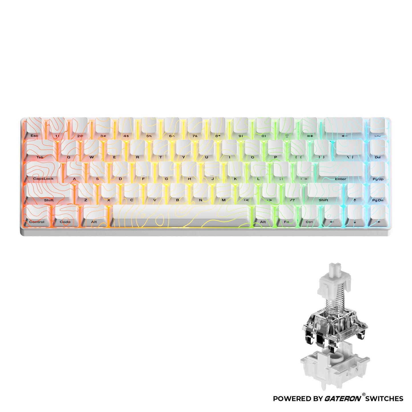 Gaming keyboard with light gradient topographic keycaps and clear white magnetic switch