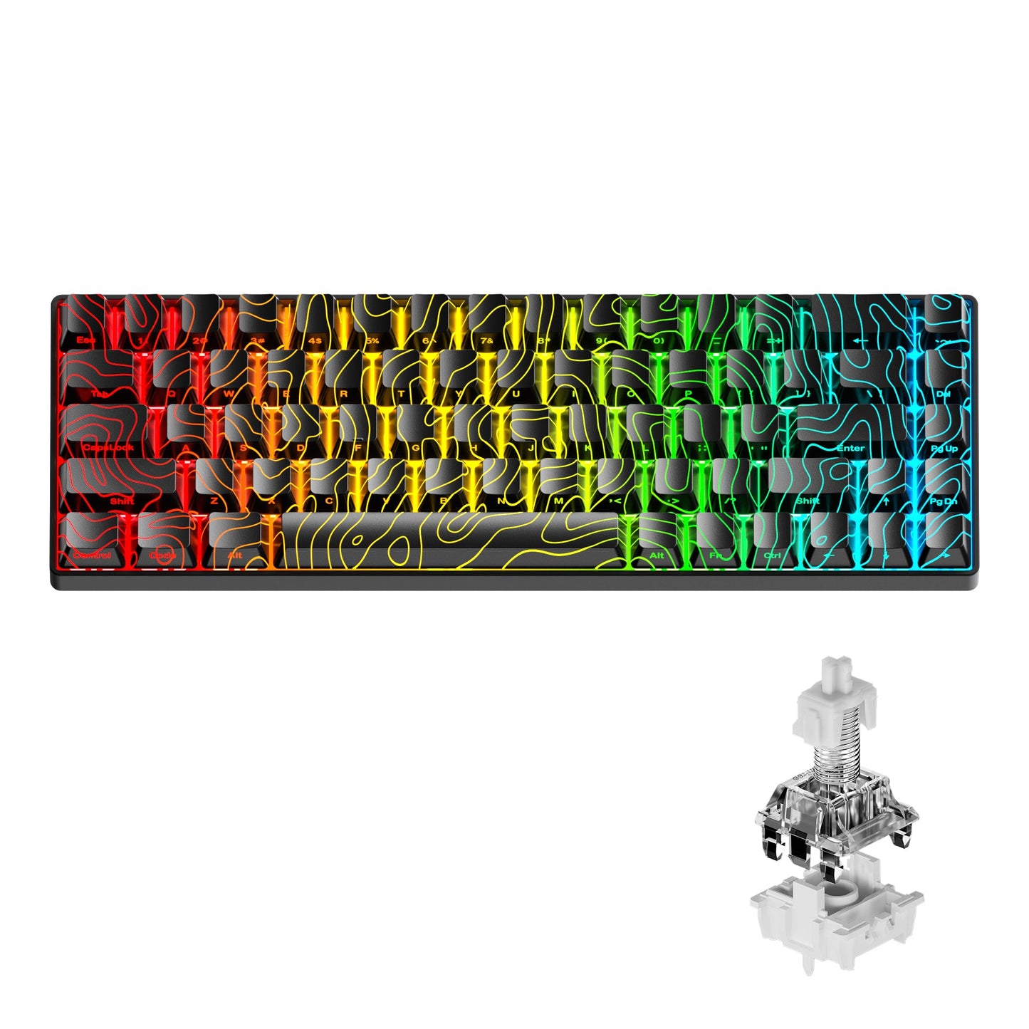 Gaming keyboard with colorful topographic keycaps and included clear white magnetic switch