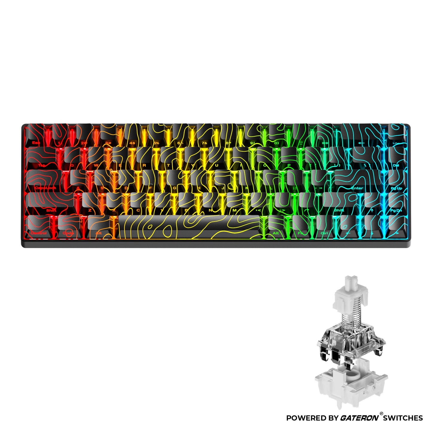Gaming keyboard with colorful topographic keycaps and clear white magnetic switch detail