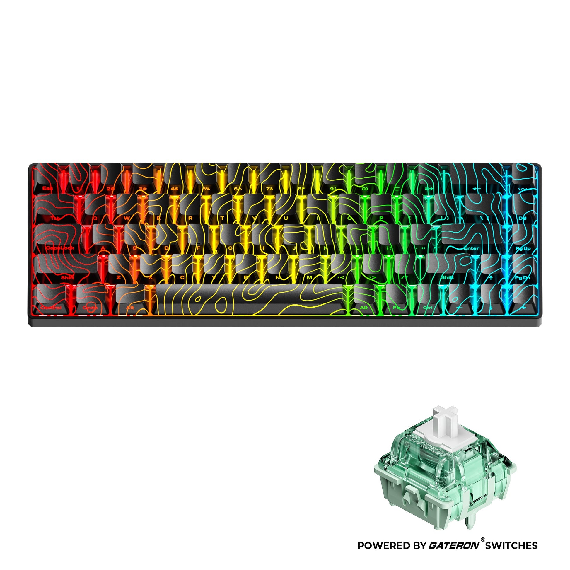 Gaming keyboard with colorful topographic keycaps and included clear green magnetic switch