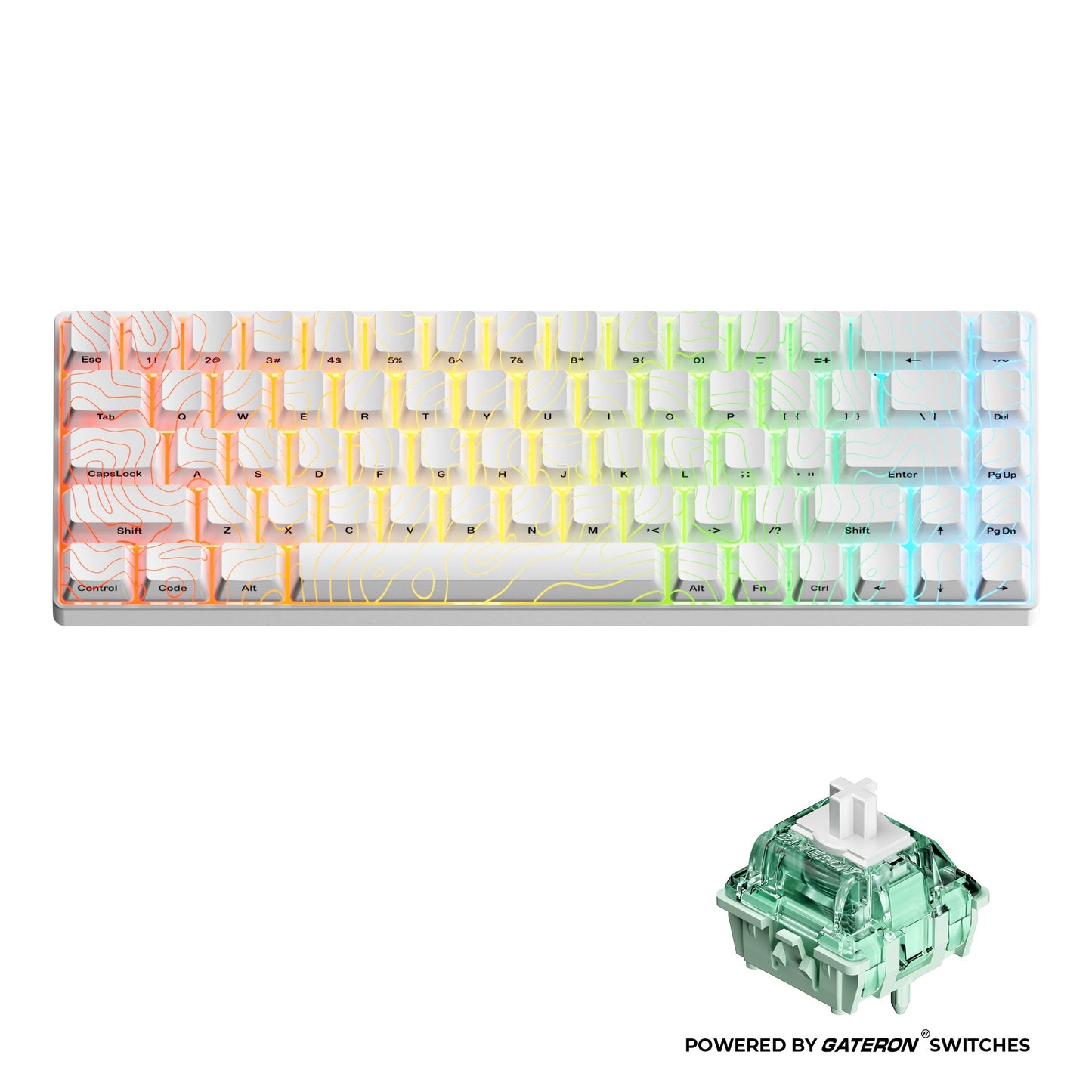 Gaming keyboard with light gradient topographic keycaps and clear green magnetic switch