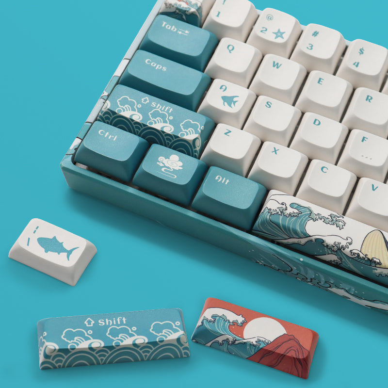Top view of coral sea themed 61-key keyboard with matching profile keycaps