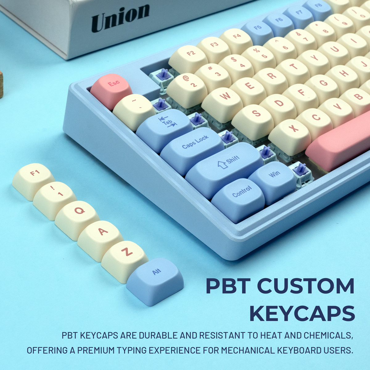 PBT keycap set in cream, blue, and pink arranged in a molded tray